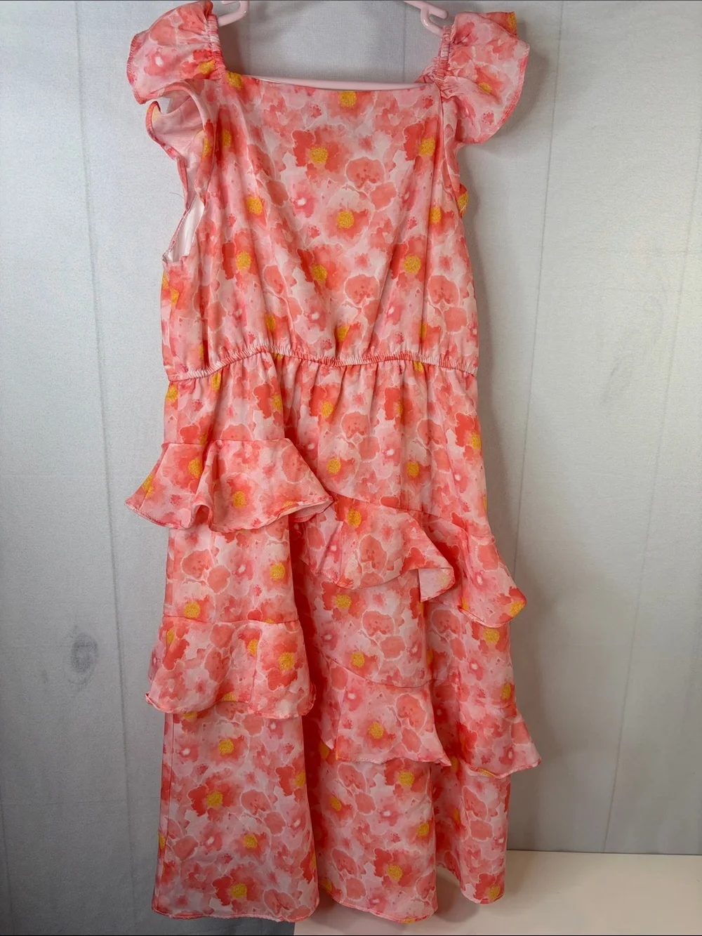 Grace Karin Coral Pink & Yellow Floral Ruffle Summer Dress Girls 8 NWOT